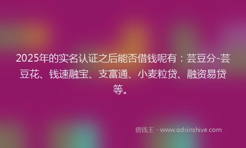 2025年的实名认证之后能否借钱呢有：芸豆分-芸豆花、钱速融宝、支富通、小麦粒贷、融资易贷等。