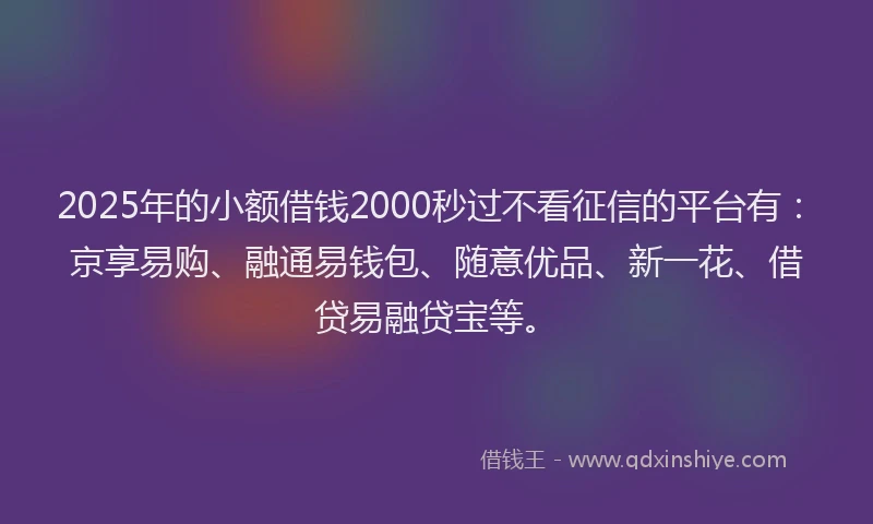 2025年的小额借钱2000秒过不看征信的平台有：京享易购、融通易钱包、随意优品、新一花、借贷易融贷宝等。