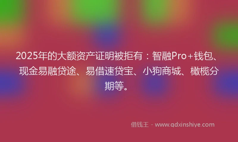 2025年的大额资产证明被拒有：智融Pro+钱包、现金易融贷途、易借速贷宝、小狗商城、橄榄分期等。