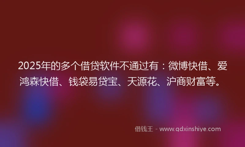 2025年的多个借贷软件不通过有：微博快借、爱鸿森快借、钱袋易贷宝、天源花、沪商财富等。