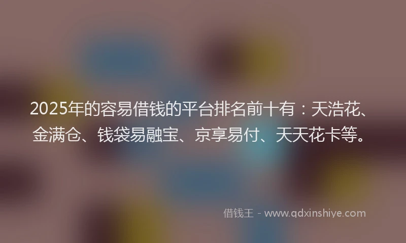 2025年的容易借钱的平台排名前十有：天浩花、金满仓、钱袋易融宝、京享易付、天天花卡等。
