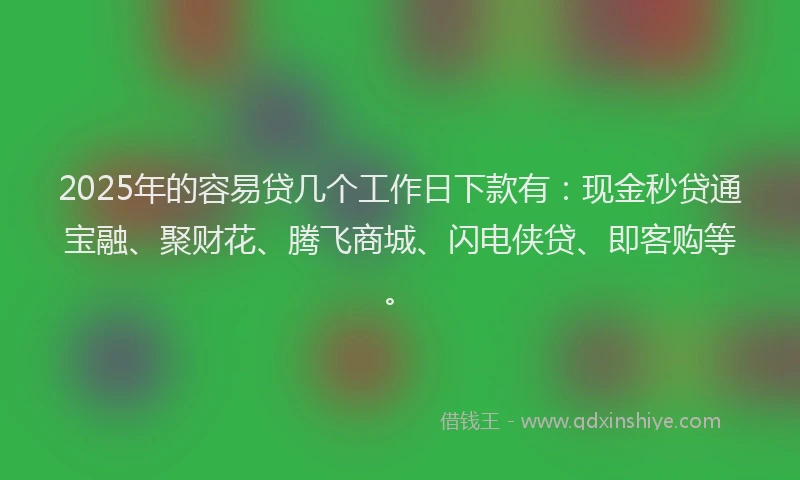 2025年的容易贷几个工作日下款有：现金秒贷通宝融、聚财花、腾飞商城、闪电侠贷、即客购等。