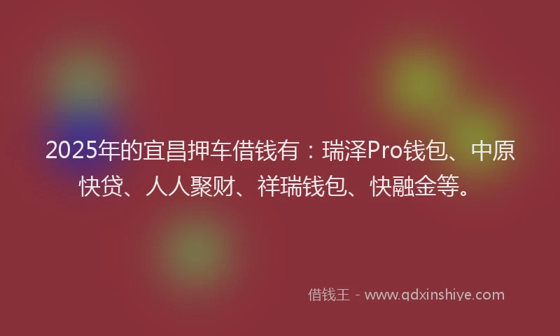 2025年的宜昌押车借钱有：瑞泽Pro钱包、中原快贷、人人聚财、祥瑞钱包、快融金等。