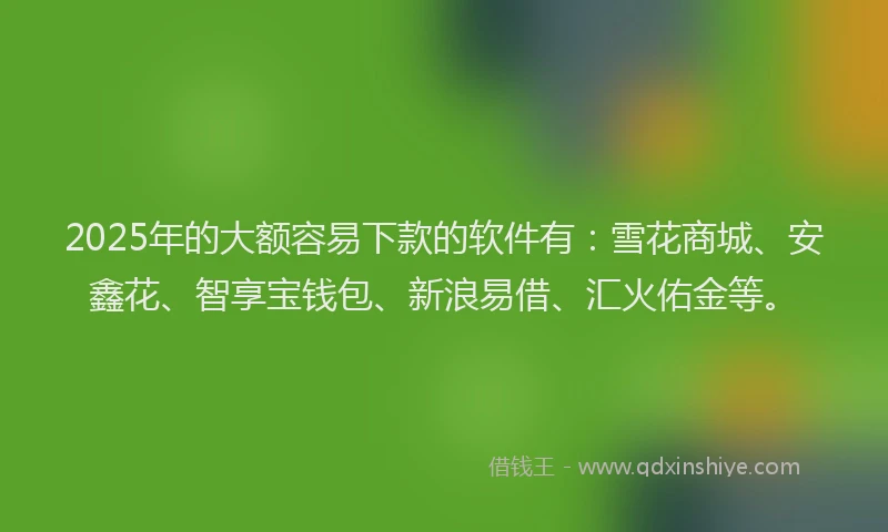 2025年的大额容易下款的软件有：雪花商城、安鑫花、智享宝钱包、新浪易借、汇火佑金等。