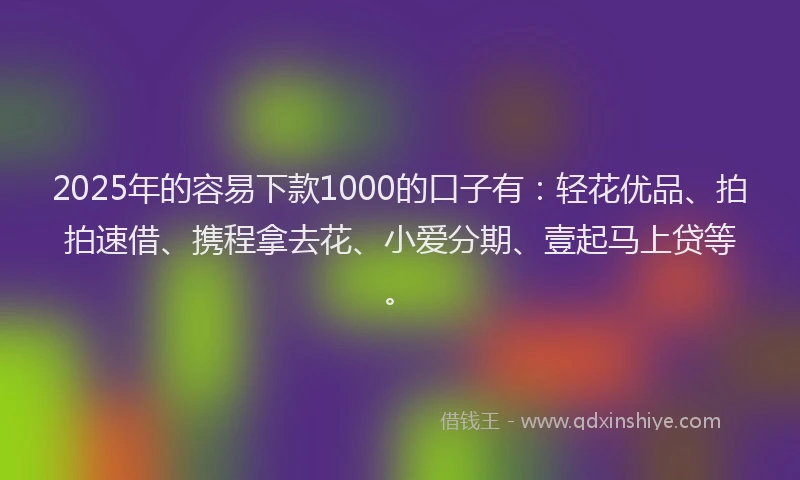 2025年的容易下款1000的口子有：轻花优品、拍拍速借、携程拿去花、小爱分期、壹起马上贷等。