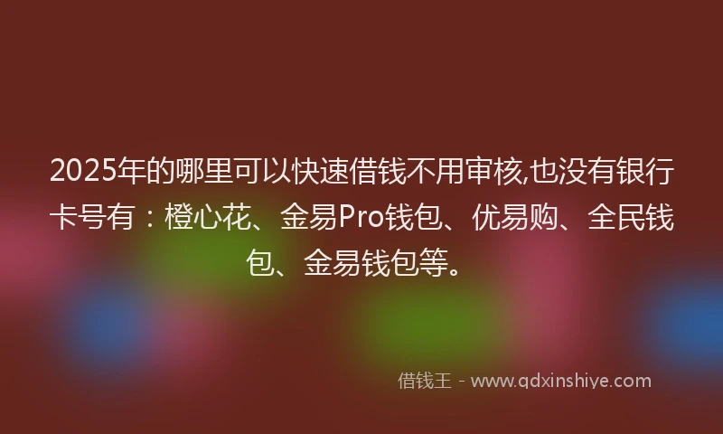 2025年的哪里可以快速借钱不用审核,也没有银行卡号有：橙心花、金易Pro钱包、优易购、全民钱包、金易钱包等。