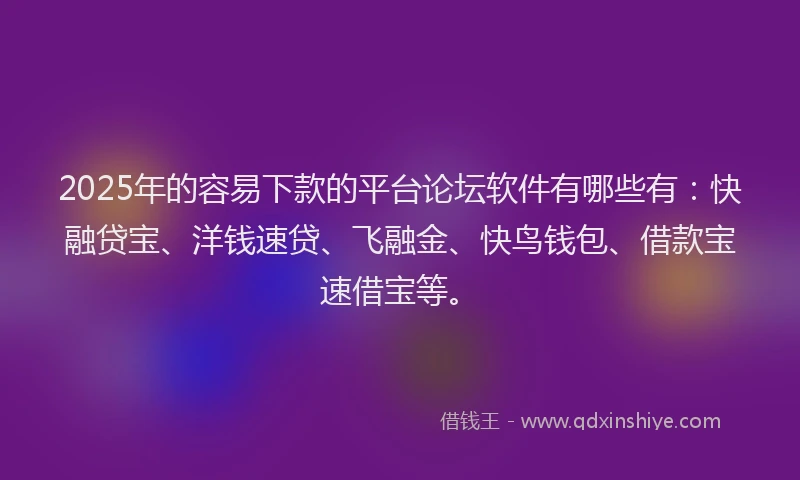 2025年的容易下款的平台论坛软件有哪些有：快融贷宝、洋钱速贷、飞融金、快鸟钱包、借款宝速借宝等。
