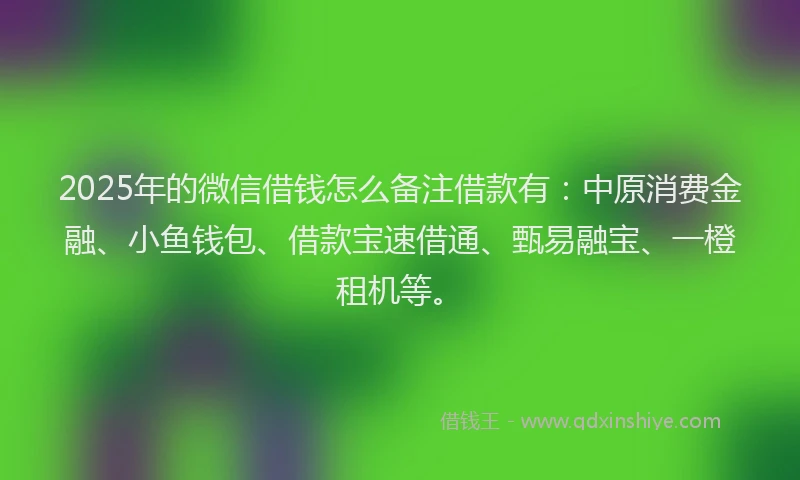 2025年的微信借钱怎么备注借款有：中原消费金融、小鱼钱包、借款宝速借通、甄易融宝、一橙租机等。