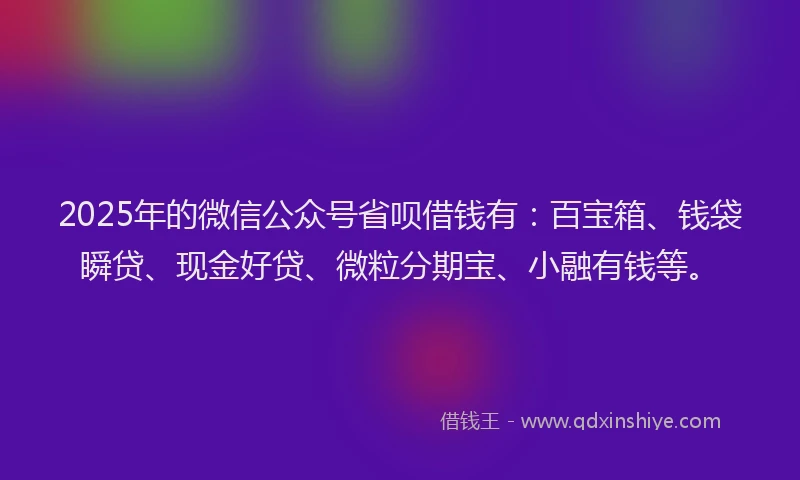 2025年的微信公众号省呗借钱有：百宝箱、钱袋瞬贷、现金好贷、微粒分期宝、小融有钱等。
