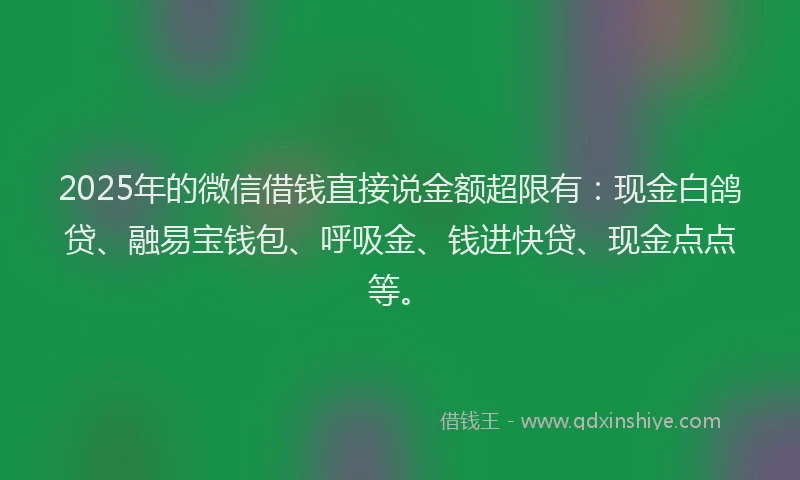 2025年的微信借钱直接说金额超限有:现金白鸽贷、融易宝钱包、呼吸金、钱进快贷、现金点点等。