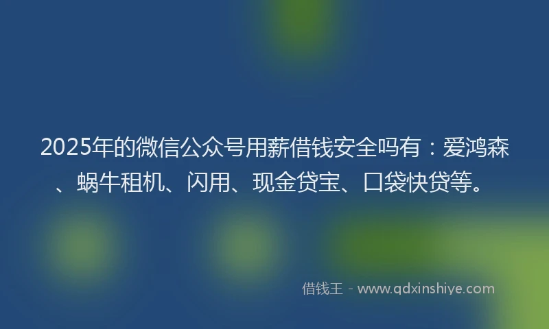 2025年的微信公众号用薪借钱安全吗有：爱鸿森、蜗牛租机、闪用、现金贷宝、口袋快贷等。