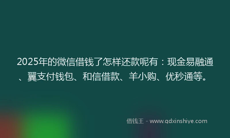 2025年的微信借钱了怎样还款呢有:现金易融通、翼支付钱包、和信借款、羊小购、优秒通等。