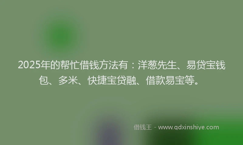 2025年的帮忙借钱方法有：洋葱先生、易贷宝钱包、多米、快捷宝贷融、借款易宝等。