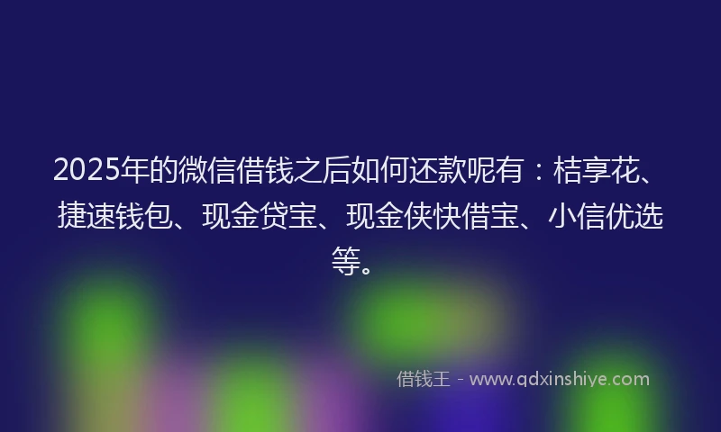 2025年的微信借钱之后如何还款呢有：桔享花、捷速钱包、现金贷宝、现金侠快借宝、小信优选等。