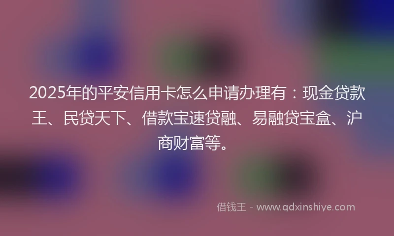 2025年的平安信用卡怎么申请办理有：现金贷款王、民贷天下、借款宝速贷融、易融贷宝盒、沪商财富等。