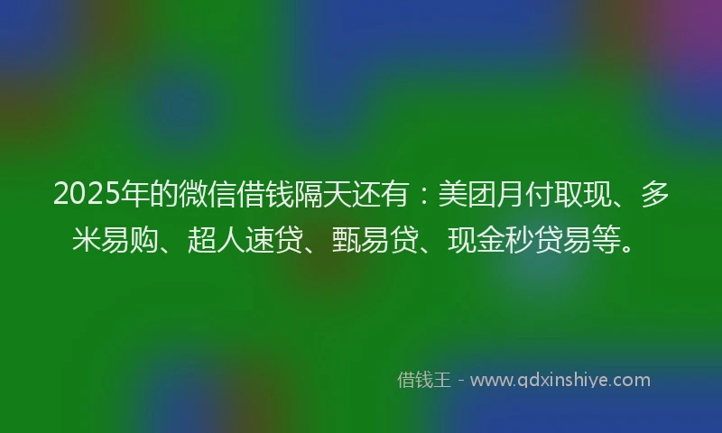 2025年的微信借钱隔天还有：美团月付取现、多米易购、超人速贷、甄易贷、现金秒贷易等。