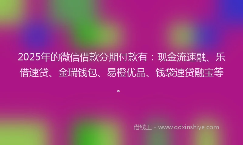 2025年的微信借款分期付款有：现金流速融、乐借速贷、金瑞钱包、易橙优品、钱袋速贷融宝等。