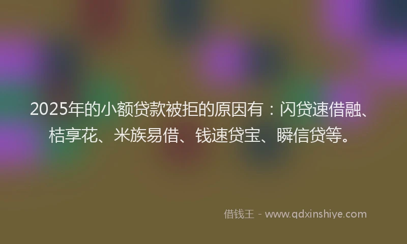 2025年的小额贷款被拒的原因有：闪贷速借融、桔享花、米族易借、钱速贷宝、瞬信贷等。
