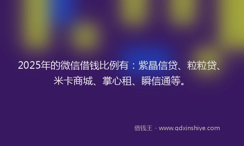 2025年的微信借钱比例有：紫晶信贷、粒粒贷、米卡商城、掌心租、瞬信通等。