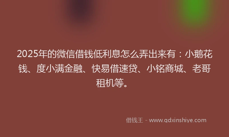 2025年的微信借钱低利息怎么弄出来有：小鹅花钱、度小满金融、快易借速贷、小铭商城、老哥租机等。