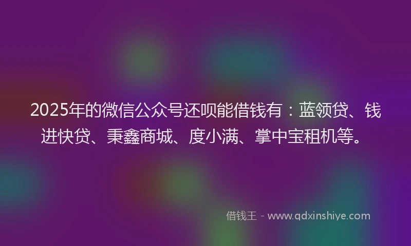 2025年的微信公众号还呗能借钱有：蓝领贷、钱进快贷、秉鑫商城、度小满、掌中宝租机等。