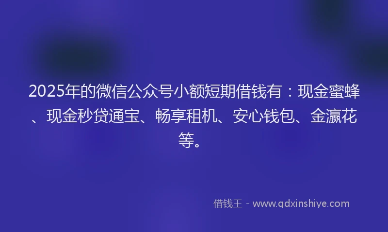 2025年的微信公众号小额短期借钱有：现金蜜蜂、现金秒贷通宝、畅享租机、安心钱包、金瀛花等。