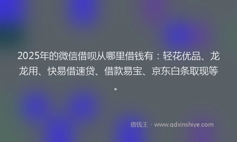 2025年的微信借呗从哪里借钱有：轻花优品、龙龙用、快易借速贷、借款易宝、京东白条取现等。