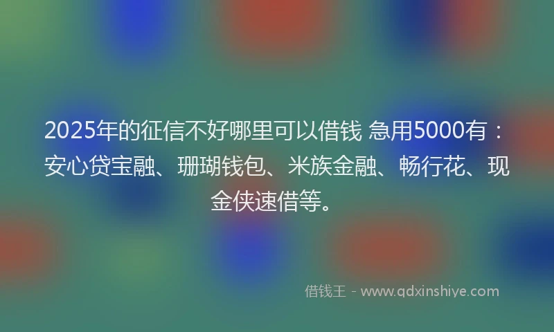 2025年的征信不好哪里可以借钱 急用5000有：安心贷宝融、珊瑚钱包、米族金融、畅行花、现金侠速借等。