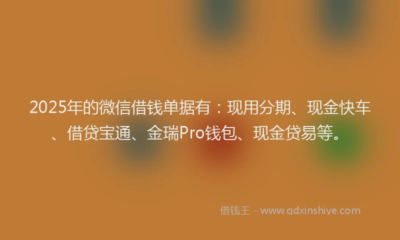 2025年的微信借钱单据有：现用分期、现金快车、借贷宝通、金瑞Pro钱包、现金贷易等。