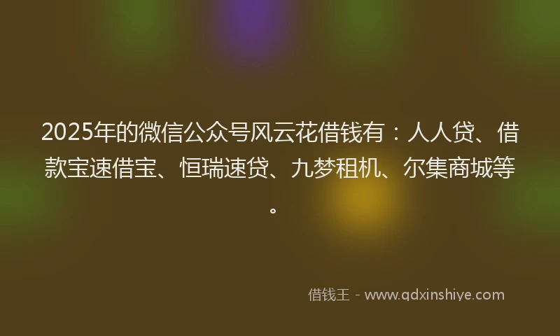 2025年的微信公众号风云花借钱有：人人贷、借款宝速借宝、恒瑞速贷、九梦租机、尔集商城等。