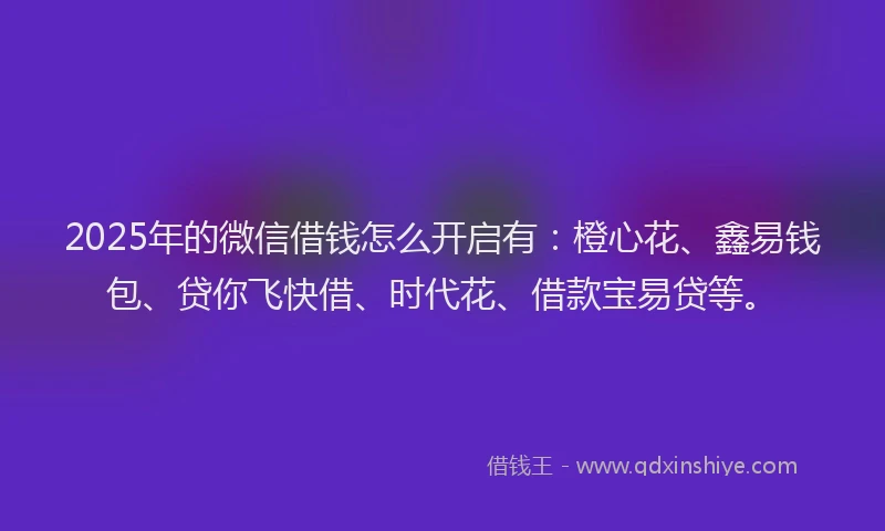 2025年的微信借钱怎么开启有:橙心花、鑫易钱包、贷你飞快借、时代花、借款宝易贷等。