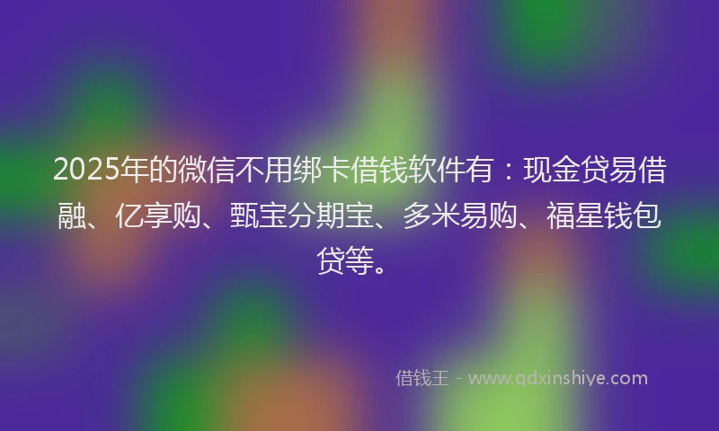 2025年的微信不用绑卡借钱软件有：现金贷易借融、亿享购、甄宝分期宝、多米易购、福星钱包贷等。