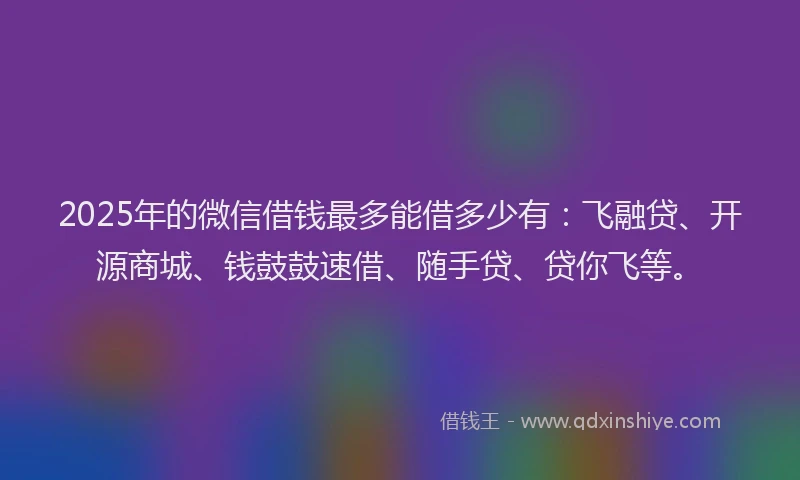 2025年的微信借钱最多能借多少有:飞融贷、开源商城、钱鼓鼓速借、随手贷、贷你飞等。