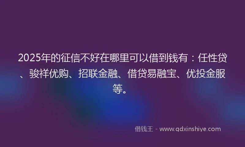 2025年的征信不好在哪里可以借到钱有：任性贷、骏祥优购、招联金融、借贷易融宝、优投金服等。