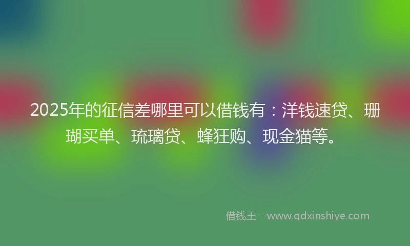 2025年的征信差哪里可以借钱有：洋钱速贷、珊瑚买单、琉璃贷、蜂狂购、现金猫等。