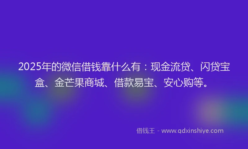 2025年的微信借钱靠什么有：现金流贷、闪贷宝盒、金芒果商城、借款易宝、安心购等。