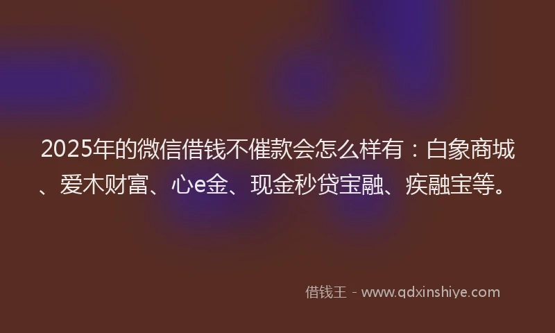 2025年的微信借钱不催款会怎么样有：白象商城、爱木财富、心e金、现金秒贷宝融、疾融宝等。