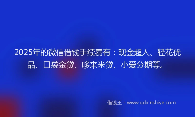 2025年的微信借钱手续费有:现金超人、轻花优品、口袋金贷、哆来米贷、小爱分期等。