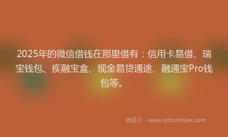 2025年的微信借钱在那里借有:信用卡易借、瑞宝钱包、疾融宝盒、现金易贷通途、融通宝Pro钱包等。