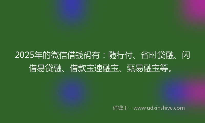 2025年的微信借钱码有：随行付、省时贷融、闪借易贷融、借款宝速融宝、甄易融宝等。