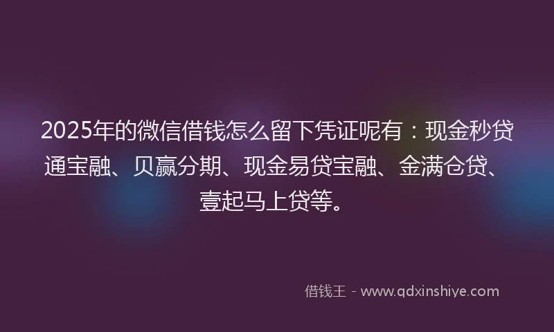 2025年的微信借钱怎么留下凭证呢有：现金秒贷通宝融、贝赢分期、现金易贷宝融、金满仓贷、壹起马上贷等。