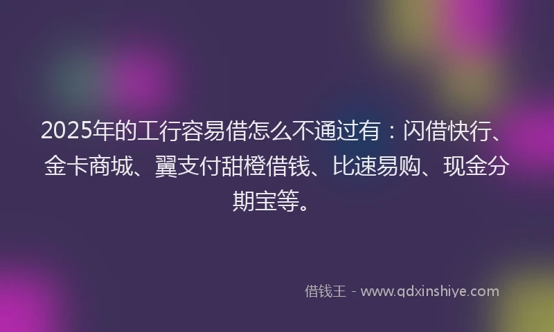 2025年的工行容易借怎么不通过有：闪借快行、金卡商城、翼支付甜橙借钱、比速易购、现金分期宝等。