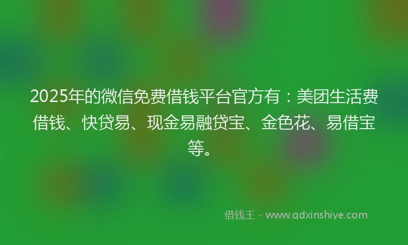 2025年的微信免费借钱平台官方有：美团生活费借钱、快贷易、现金易融贷宝、金色花、易借宝等。