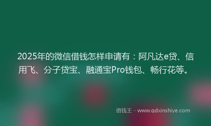 2025年的微信借钱怎样申请有：阿凡达e贷、信用飞、分子贷宝、融通宝Pro钱包、畅行花等。