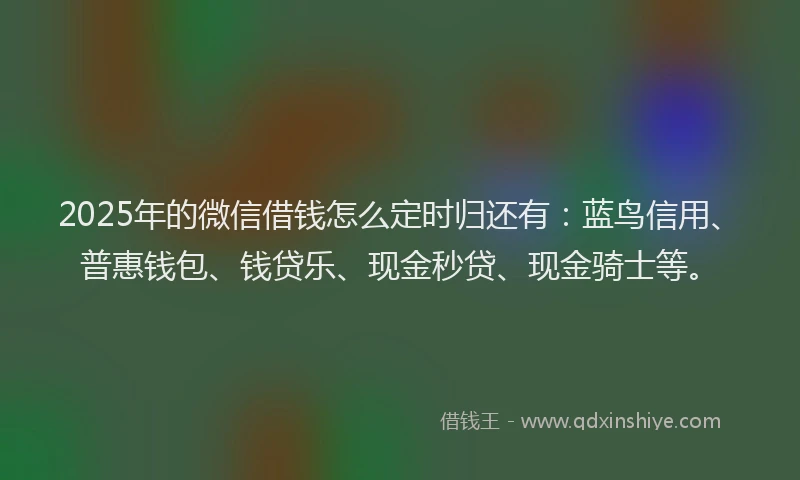 2025年的微信借钱怎么定时归还有：蓝鸟信用、普惠钱包、钱贷乐、现金秒贷、现金骑士等。