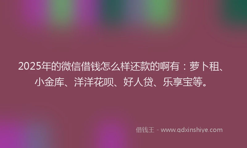 2025年的微信借钱怎么样还款的啊有:萝卜租、小金库、洋洋花呗、好人贷、乐享宝等。