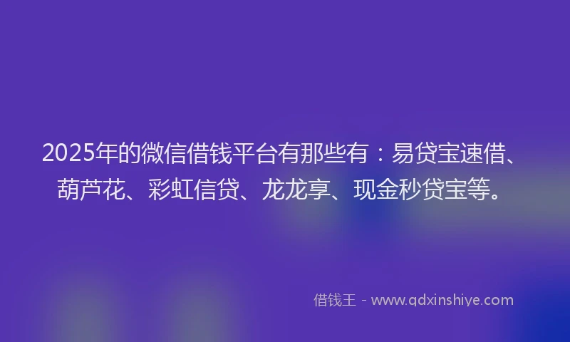 2025年的微信借钱平台有那些有：易贷宝速借、葫芦花、彩虹信贷、龙龙享、现金秒贷宝等。
