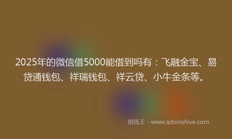 2025年的微信借5000能借到吗有：飞融金宝、易贷通钱包、祥瑞钱包、祥云贷、小牛金条等。