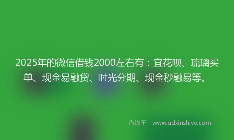 2025年的微信借钱2000左右有：宜花呗、琉璃买单、现金易融贷、时光分期、现金秒融易等。