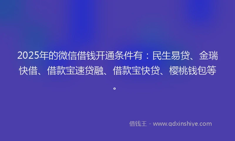 2025年的微信借钱开通条件有：民生易贷、金瑞快借、借款宝速贷融、借款宝快贷、樱桃钱包等。